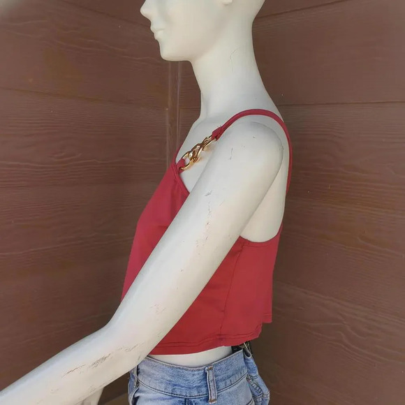 SHEIN Curve Red and Gold Crop Top Blouse Size 0XL Chain Detail NWOT - Picture 11 of 15